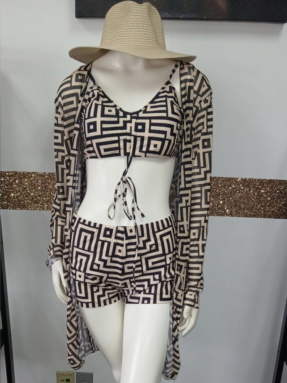 Beige & Black Geometric Women’s Bikini Set with Cover-Up